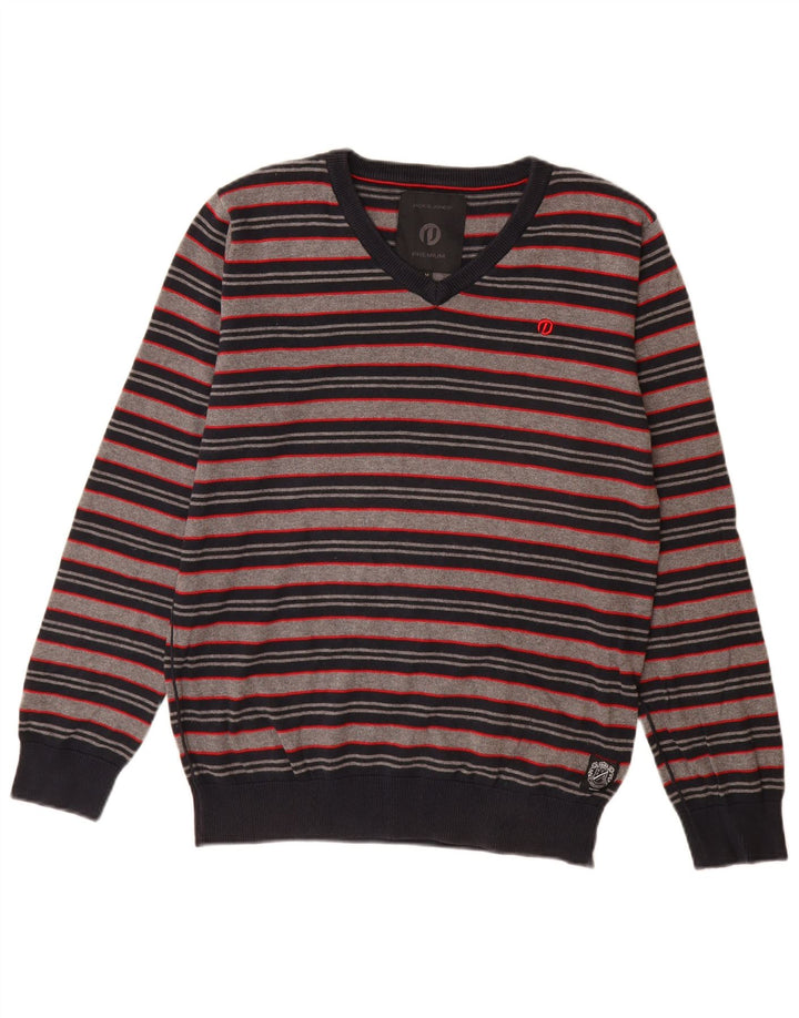 Jack & Jones Herre V-hals sweater mellem grå stribet bomuld