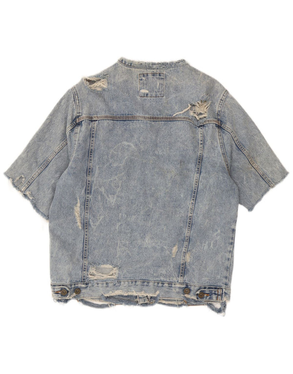 Zara Mens Distressed Short Sleeve Denim Jacket UK 42 XL Blue Cotton