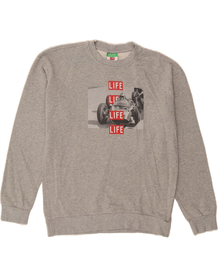 BENETTON Mens Graphic Sweatshirt Jumper Small Grey Cotton Vintage Benetton and Second-Hand Benetton from Messina Hembry 