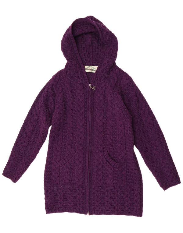 Maglione cardigan con cappuccio lungo da donna Aran Crafts UK 10 piccolo viola