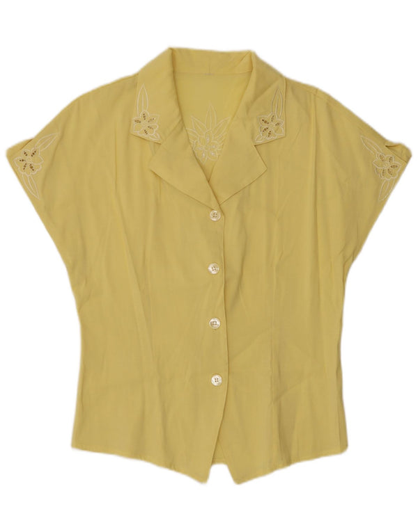 Bluză de cămașă cu mânecă scurtă cu grafică vintage pentru femei UK 12 Medium Galben Floral