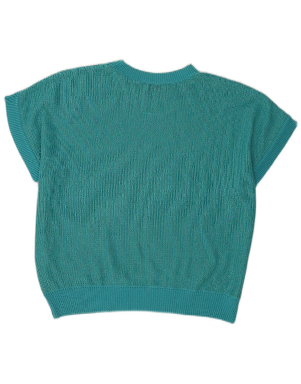 vintage Femme Manches Courtes Tricot Blouse Top IT 46 Grand Turquoise Géométrique