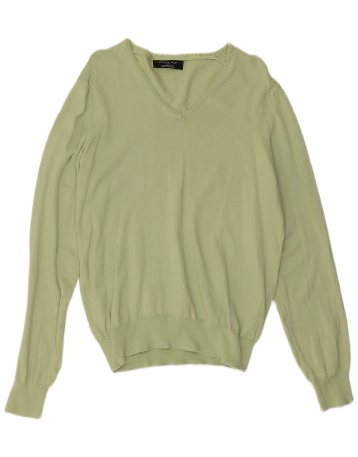 Zara Mens V-Neck Jumper Sweater Medium Green Cotton