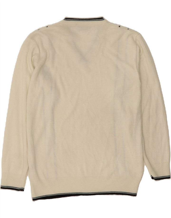 VINTAGE Mens V-Neck Jumper Sweater Medium White Striped Acrylic Vintage Vintage and Second-Hand Vintage from Messina Hembry 