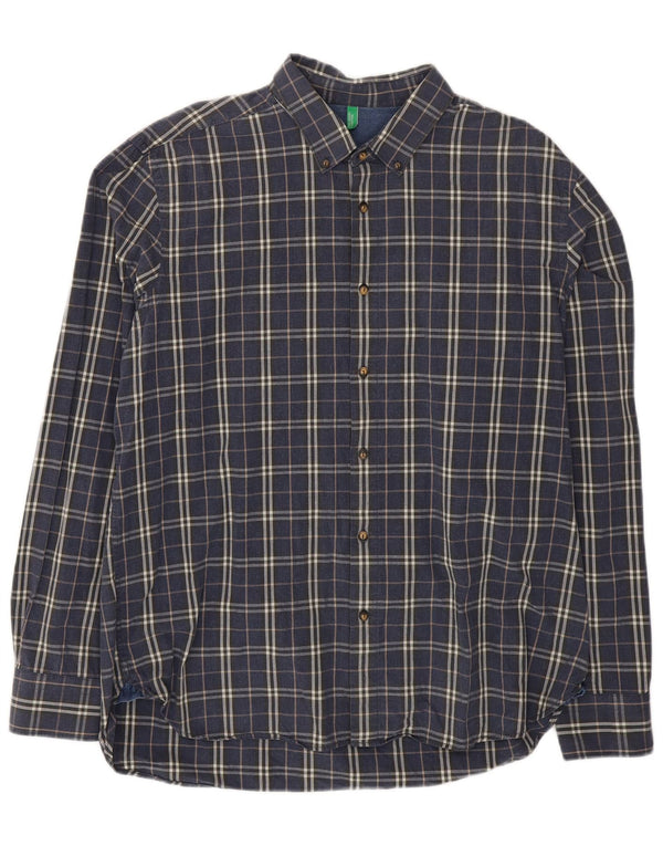 Camisa Benetton Hombre 2XL Algodón A Cuadros Azul Marino