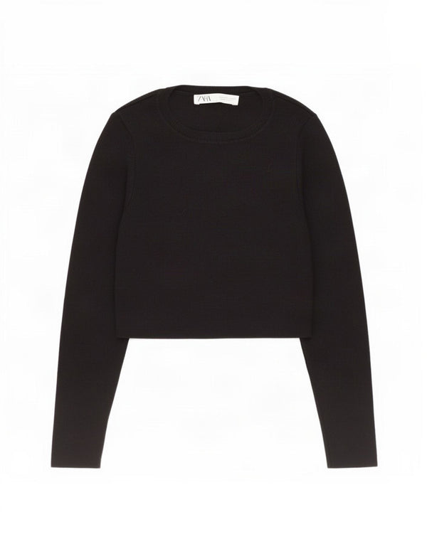 Zara Womens Crop Boat Neck Jumper Sweater UK 12 Medium Black
