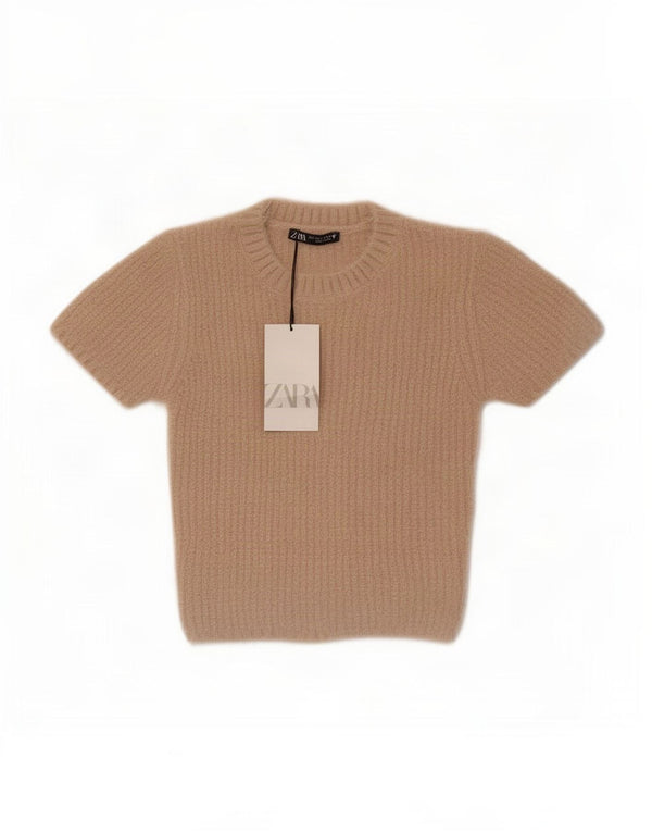 Zara Womens Crop Kortærmet Jumper Sweater med rund hals UK 8 Small Beige