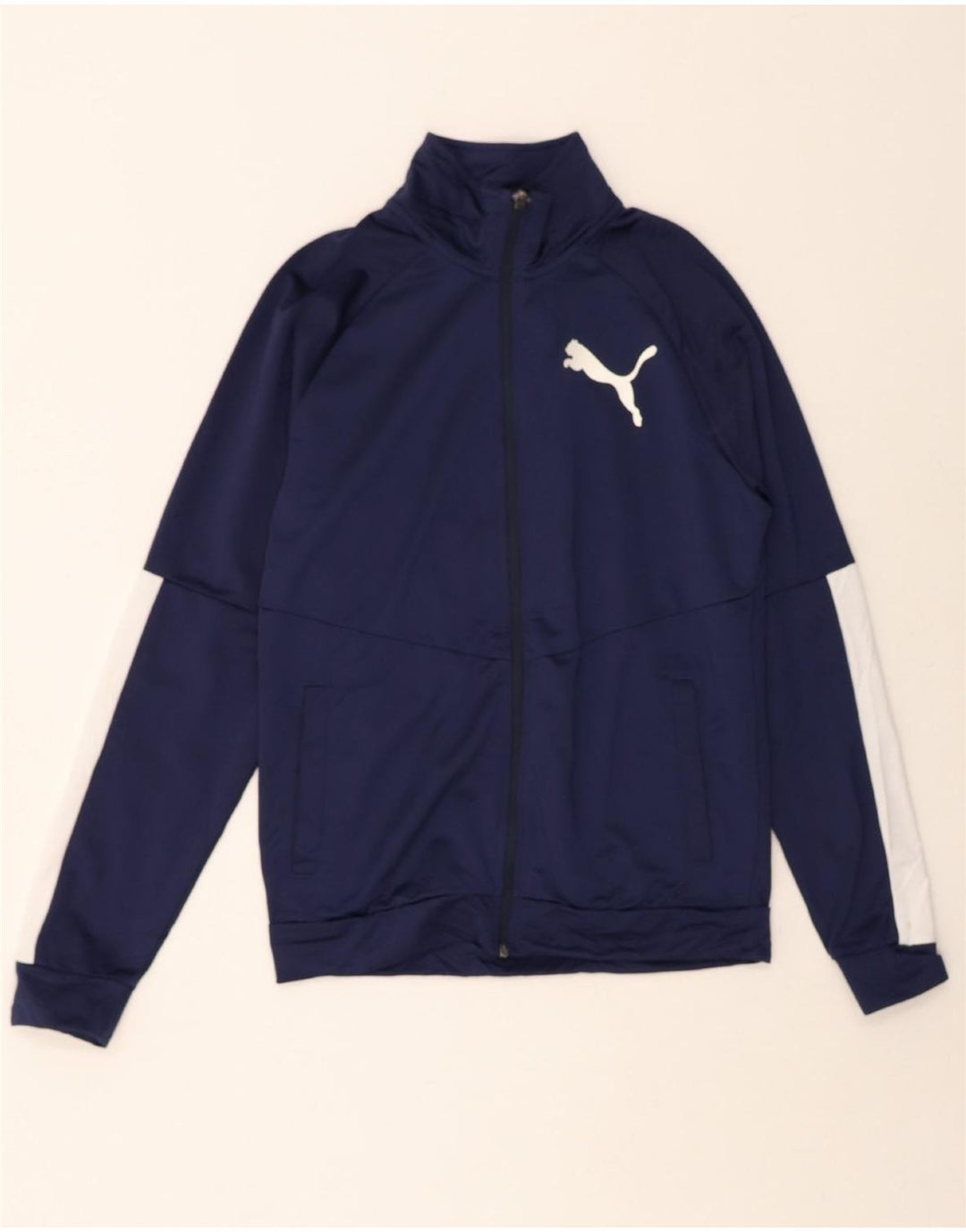 PUMA Mens Graphic Tracksuit Top Jacket Small Navy Blue Colourblock Vintage Puma and Second-Hand Puma from Messina Hembry 