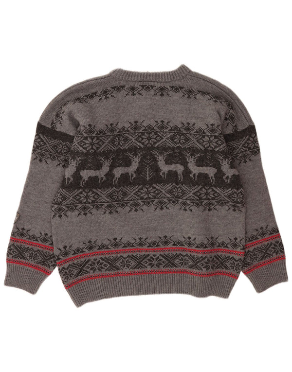 Hot Stuff Mens Crew Neck Jumper Sweater Large Grey Fair Isle Wool