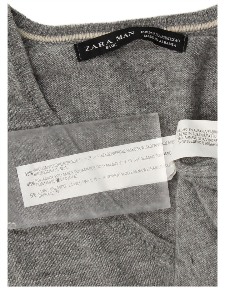 Zara Mens V-Neck Jumper Sweater Medium Grey Viscose