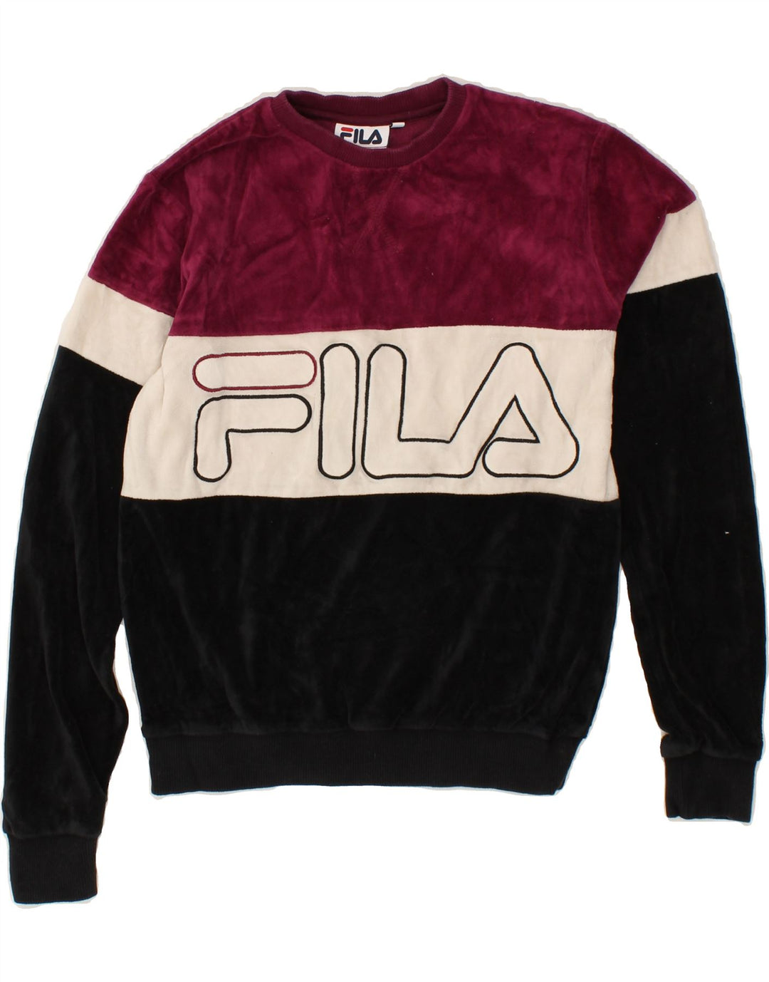 FILA Womens Oversized Graphic Sweatshirt Jumper UK 2 2XS Maroon Vintage Fila and Second-Hand Fila from Messina Hembry 