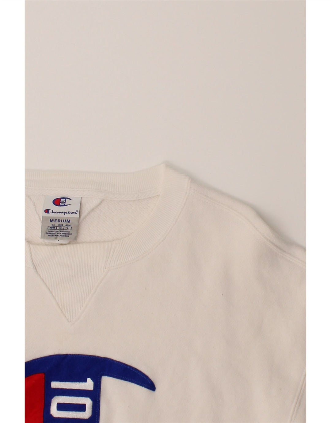 CHAMPION Womens Graphic Oversized Sweatshirt Jumper UK 14 Medium White Vintage Champion and Second-Hand Champion from Messina Hembry 