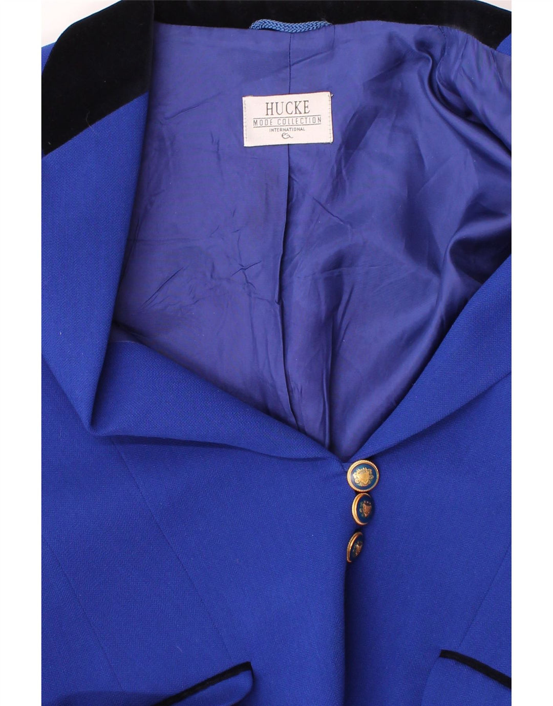 HUCKE Womens 5 Button Blazer Jacket UK 16 Large Navy Blue Polyester Vintage Hucke and Second-Hand Hucke from Messina Hembry 