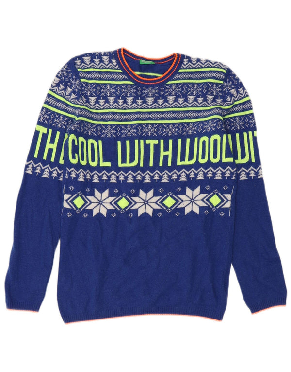 Πουλόβερ Benetton Boys Crew Neck Jumper 10-11 Years XL Blue Fair Isle