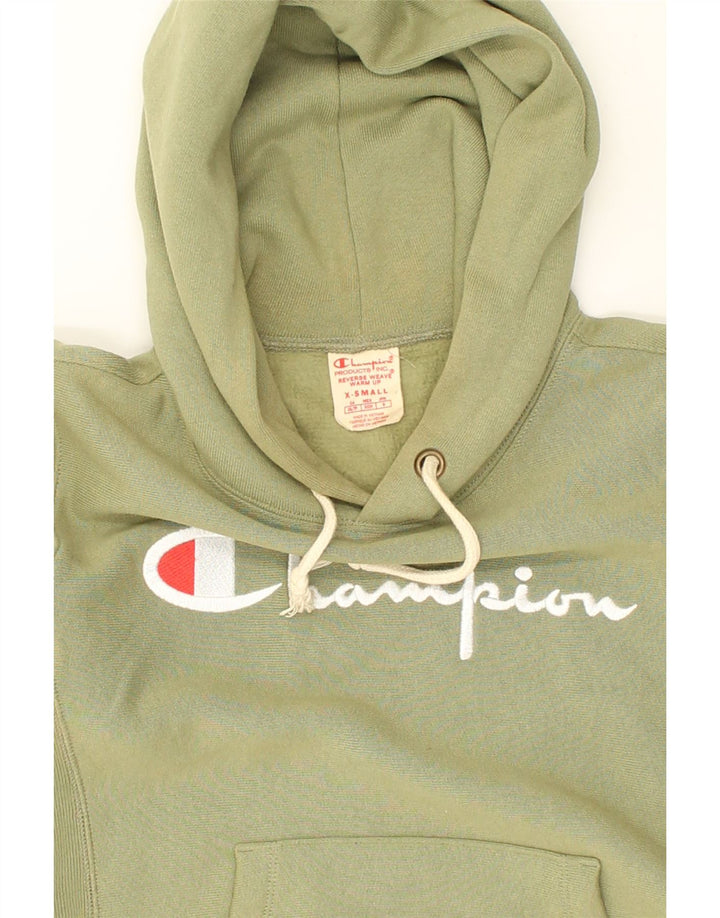 CHAMPION Womens Oversized Graphic Hoodie Jumper UK 6 XS Green | Vintage Champion | Thrift | Second-Hand Champion | Used Clothing | Messina Hembry 