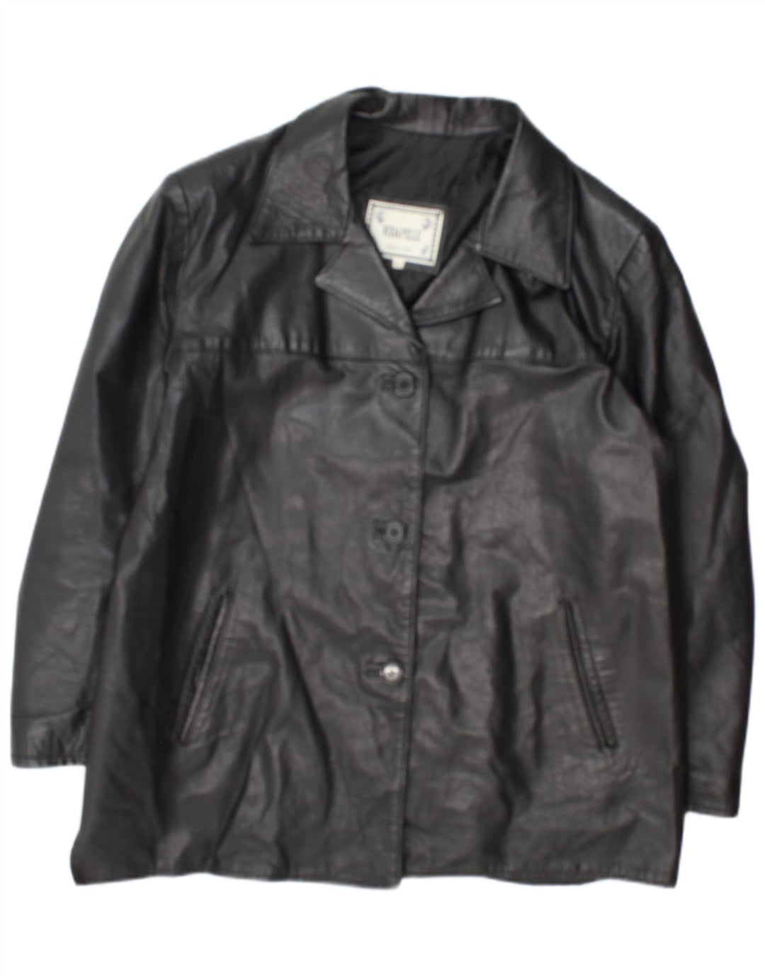 Giacca blazer in pelle vintage da donna a 3 bottoni UK 18 XL in pelle nera