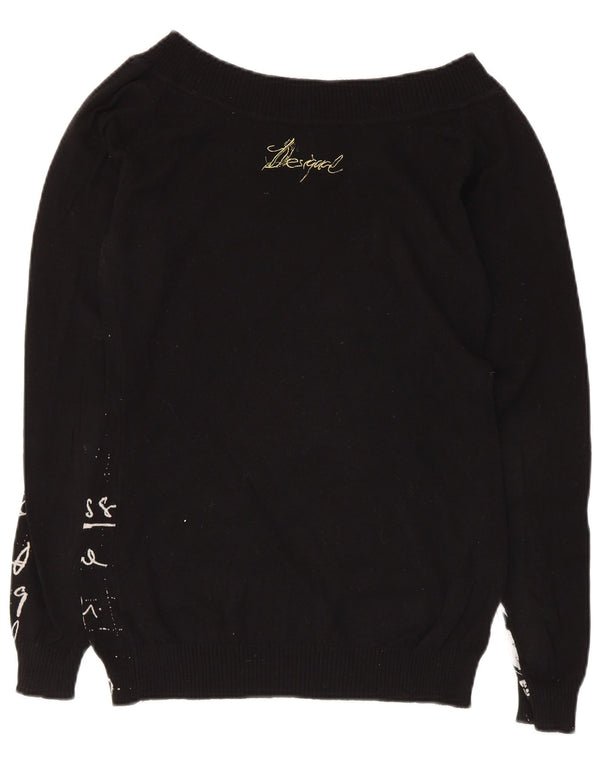 Desigual Womens Graphic Boat Neck Jumper Sweater UK 12 Medium Black Cotton