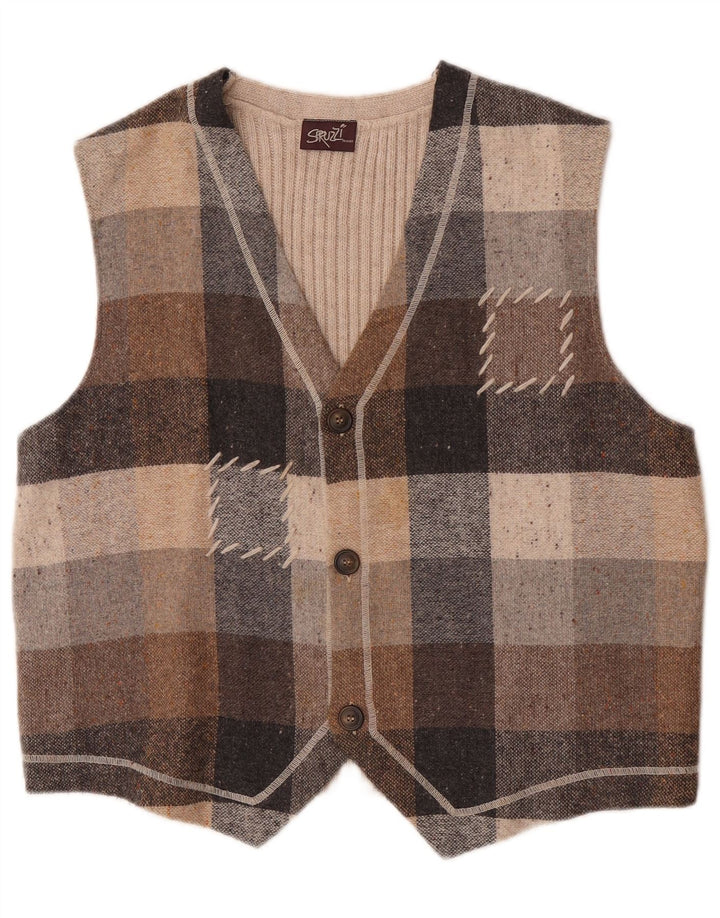 Gilet da uomo vintage in acrilico a quadri beige di grandi dimensioni