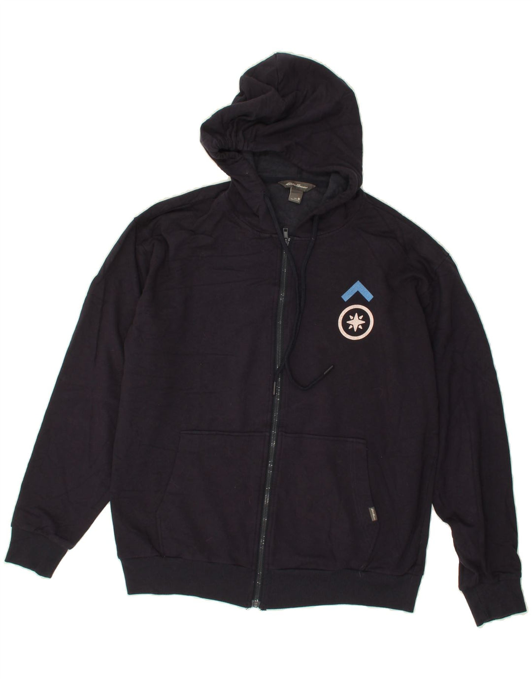 EDDIE BAUER Mens Graphic Zip Hoodie Sweater Medium Navy Blue Viscose Vintage Eddie Bauer and Second-Hand Eddie Bauer from Messina Hembry 