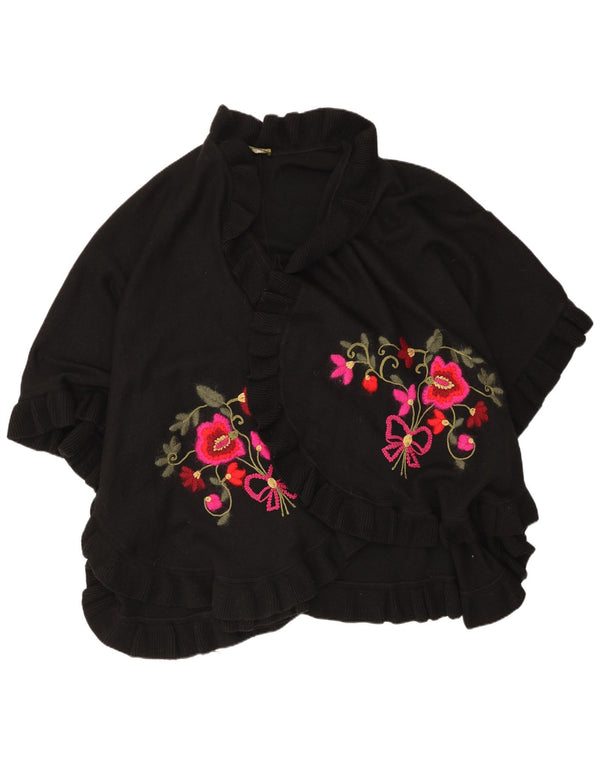 Vintage Womens Cape Cardigan Sweater One Size Black Floral Merino Wool