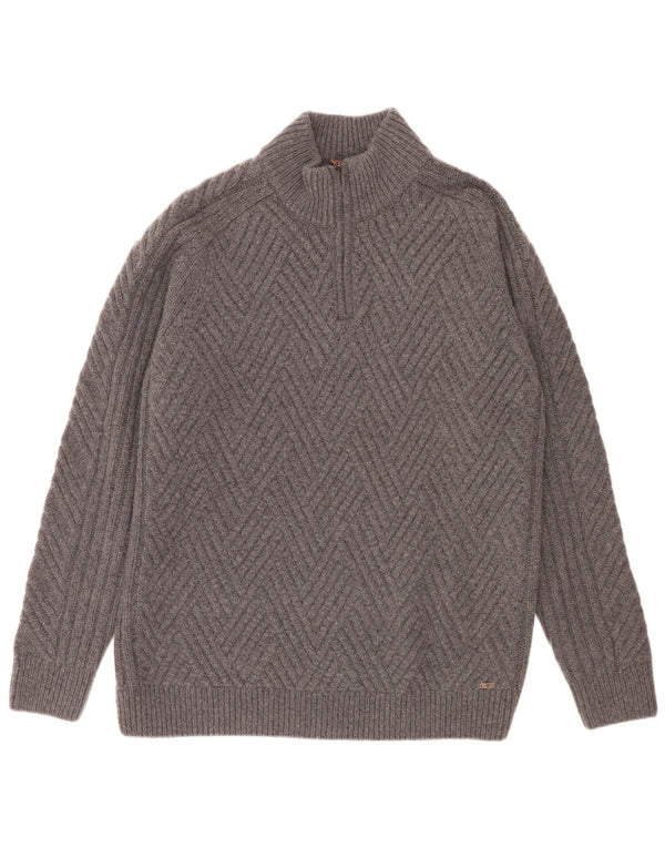 Timberland Mens Regular Fit Zip Neck Jumper Sweater 2XL Grey Geometric Wool