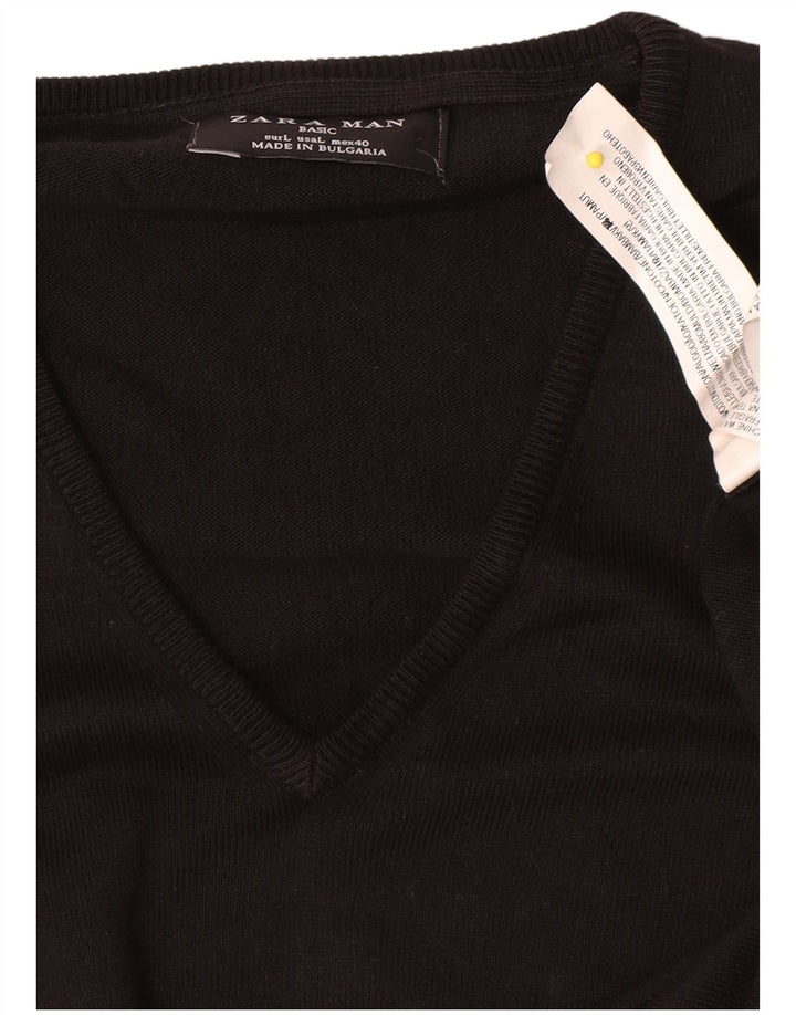 Zara Mens V-Neck Jumper Sweater Large Black Cotton