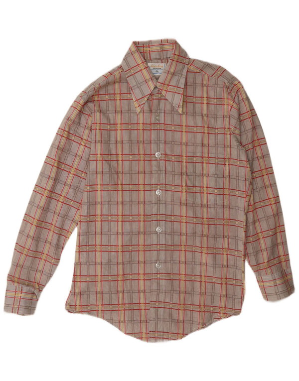 Vintage hombres camisa tamaño 14 1/2 pequeño marrón comprobar algodón
