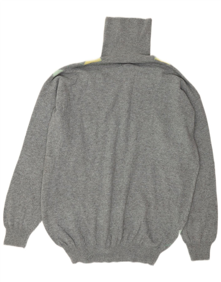 BENETTON Mens Roll Neck Jumper Sweater Large Grey Argyle/Diamond Wool