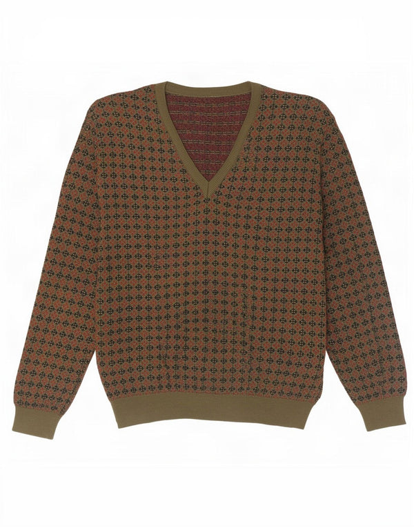 vintage Mens V-Col Jumper Pull Grande Laine Géométrique Kaki