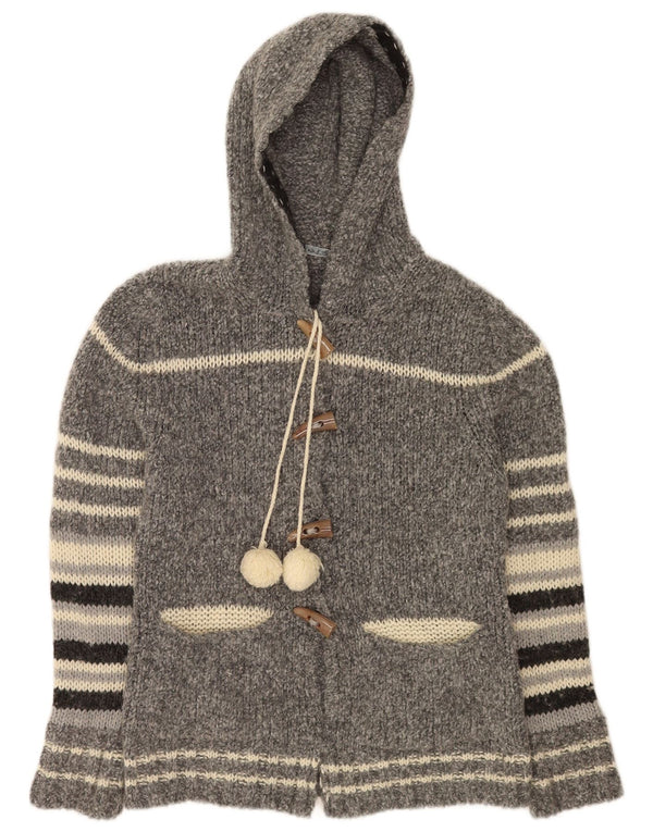 vintage Womens Hooded Cardigan Sweater UK 8 Petite laine rayée grise