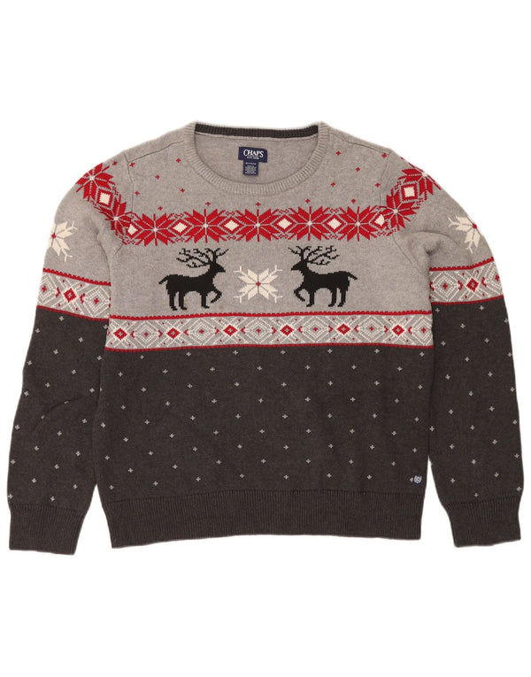 Chaps Mens Boat Neck Jumper Sweater XL Grey Fair Isle Cotton