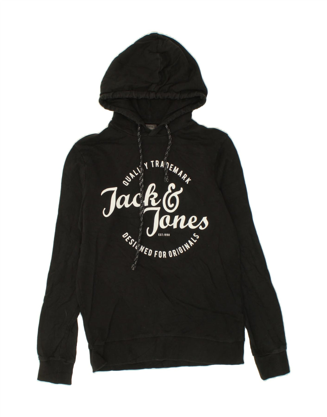 JACK & JONES Mens Graphic Hoodie Jumper Small Black Vintage Jack & Jones and Second-Hand Jack & Jones from Messina Hembry 