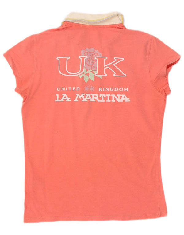 La Martina Womens Graphic Polo Shirt UK 14 Large Pink Colourblock Cotton