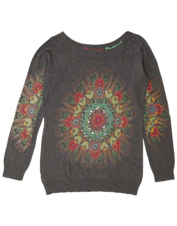 Desigual Dame Grafisk Boat Neck Jumper Sweater UK 18 XL Grå Paisley