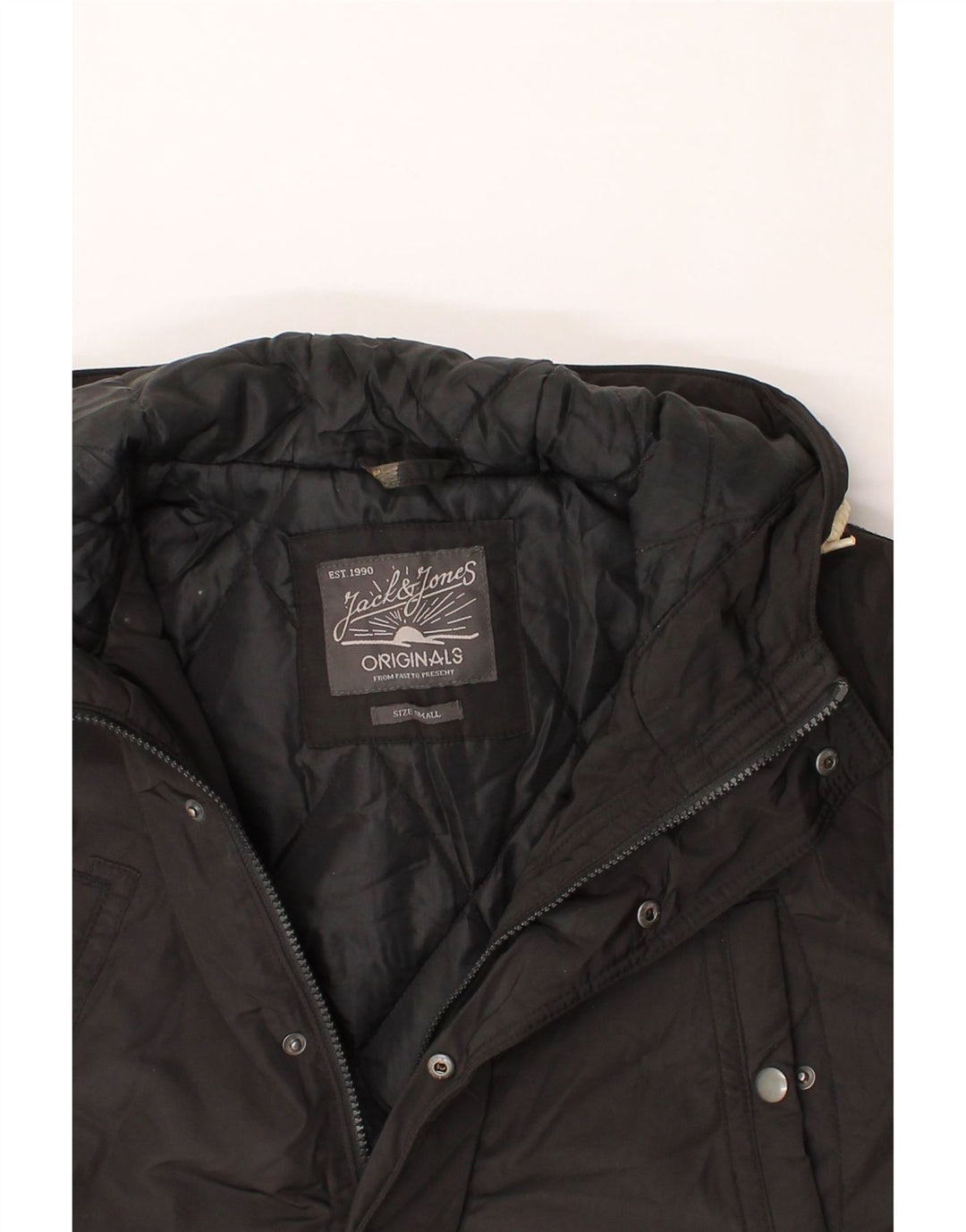 JACK & JONES Mens Hooded Parka Jacket UK 36 Small Black Polyester Vintage Jack & Jones and Second-Hand Jack & Jones from Messina Hembry 