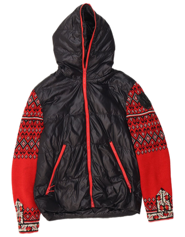RA-RE Womens Knit Hooded Padded Jacket UK 16 Large Black Geometric Nylon