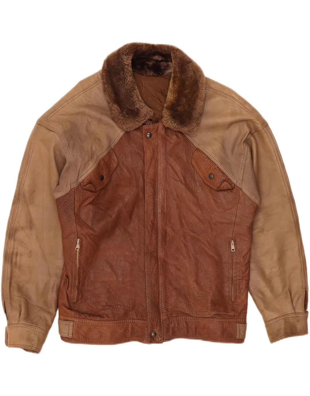 Vintage Mens Leather Jacket IT 50 Large Brown Colourblock Leather