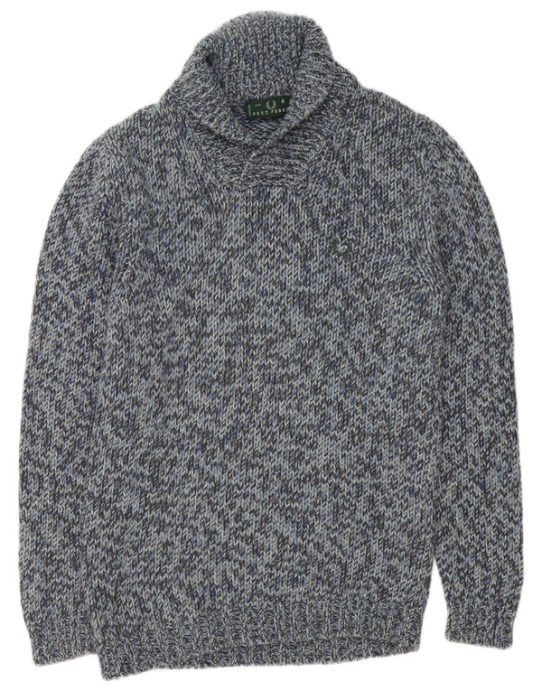 Fred Perry Mens Shawl Neck Jumper Sweater Medium Blue Flecked Wool