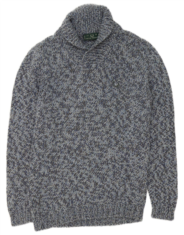 Fred Perry Mens Shawl Neck Jumper Sweater Medium Blue Flecked Wool