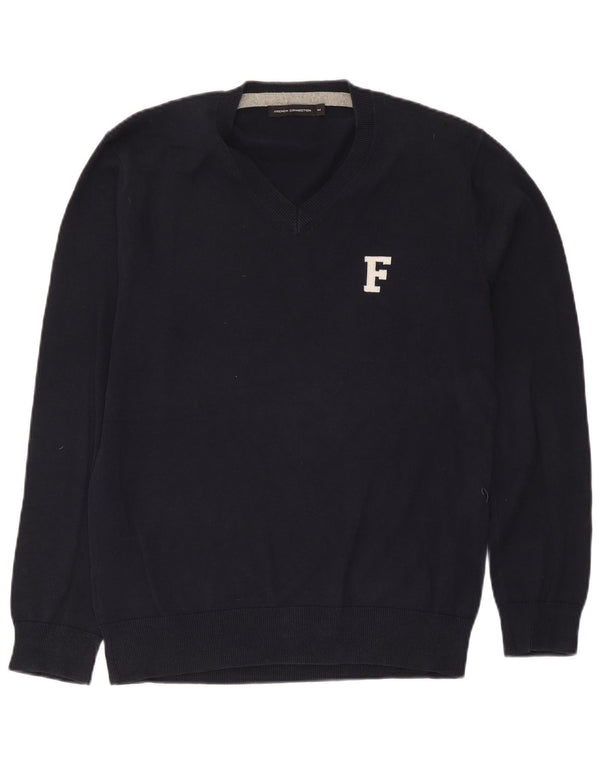 French Connection Mens V-Neck Jumper Sweater Medium Navy Blue Cotton