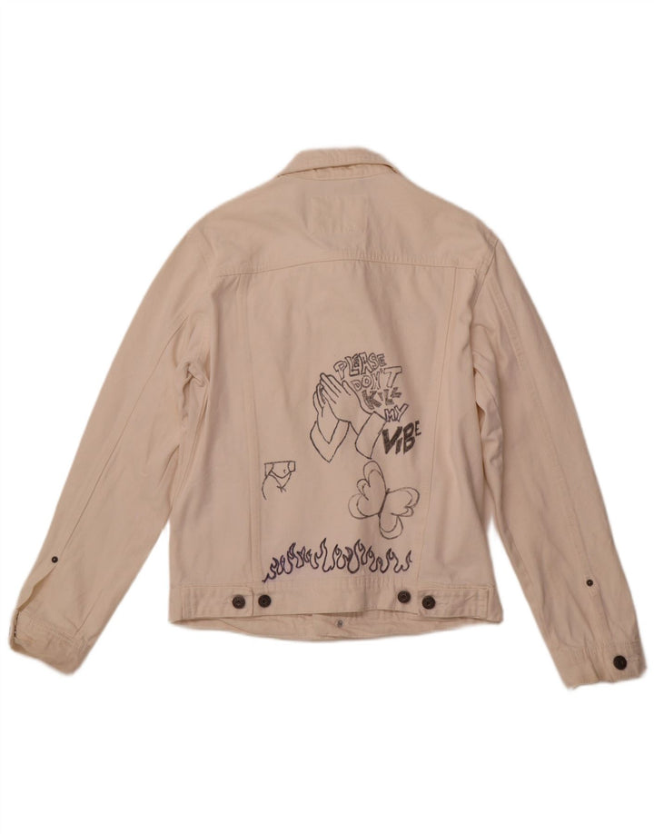 ALCOTT Womens Graphic Denim Jacket UK 1O Small White Cotton