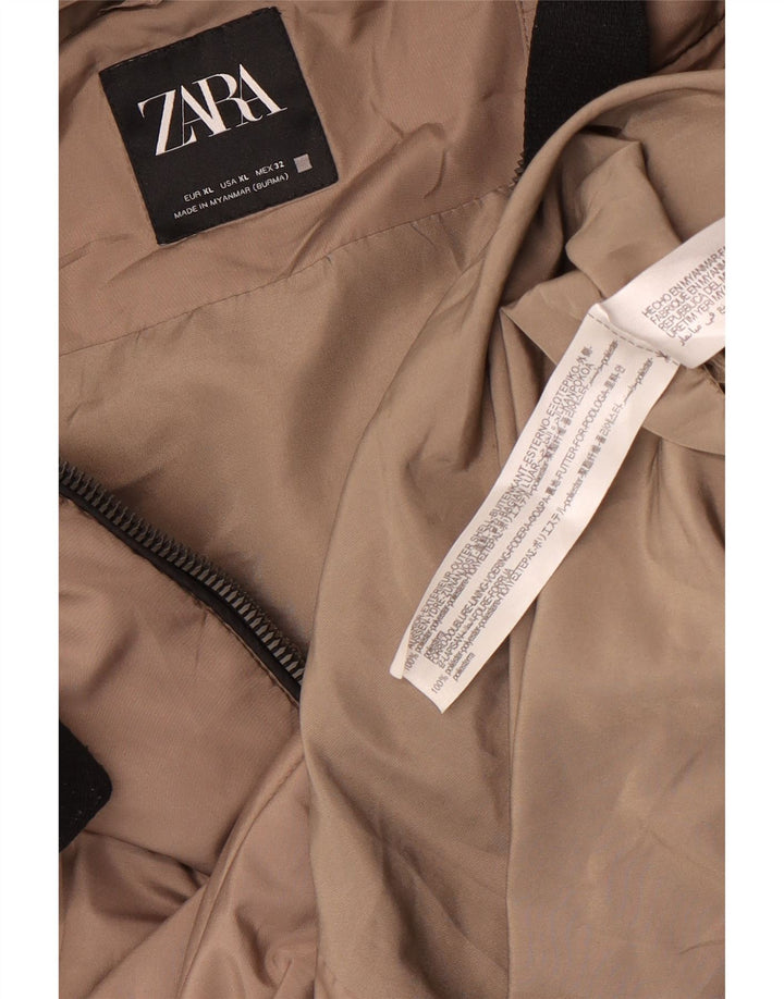 Zara Dame Hætte Oversized Polstret Frakke UK 18 XL Brun Polyester