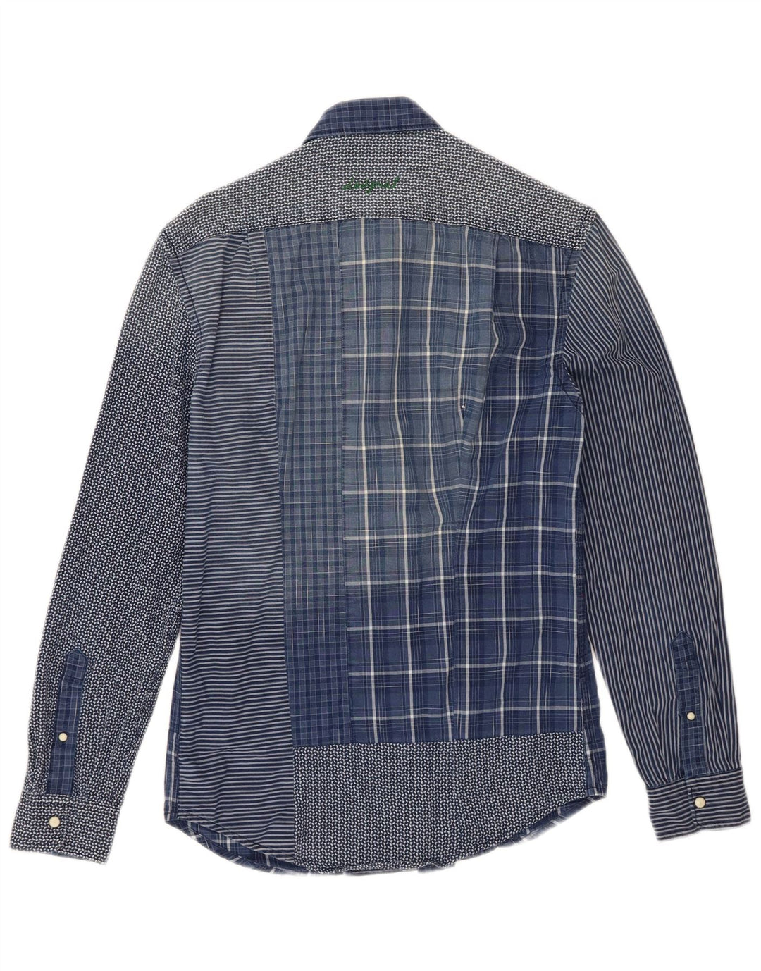 DESIGUAL Mens Regular Fit Graphic Shirt Small Blue Patchwork Cotton