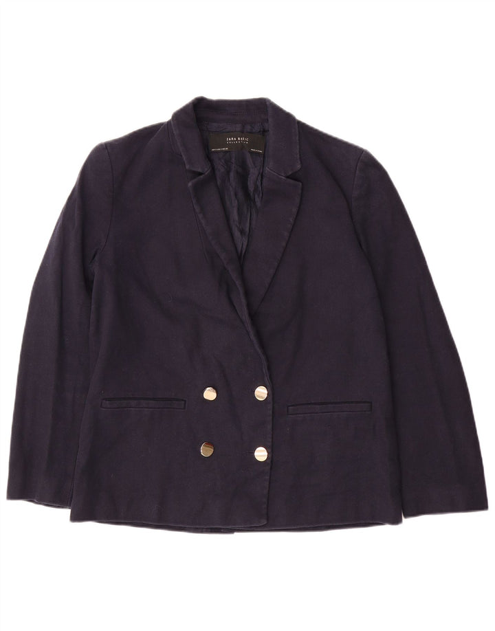 ZARA Womens Double Breasted Blazer Jacket UK 10 Small Navy Blue Cotton
