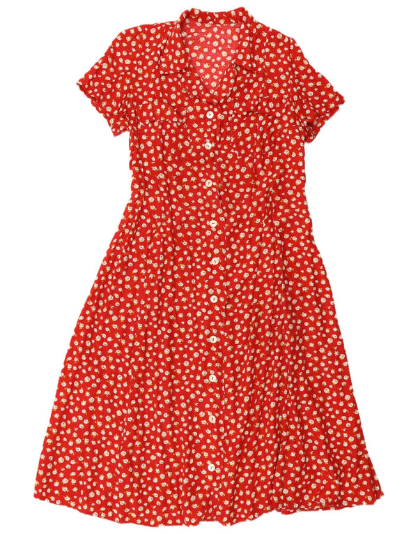 Abito camicia vintage da donna a maniche corte UK 12 rosso medio floreale