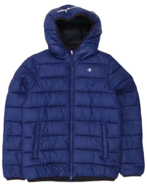 Champion Boys Graphic Hooded Padded Jacket 11-12 Years Large Blue Polyester