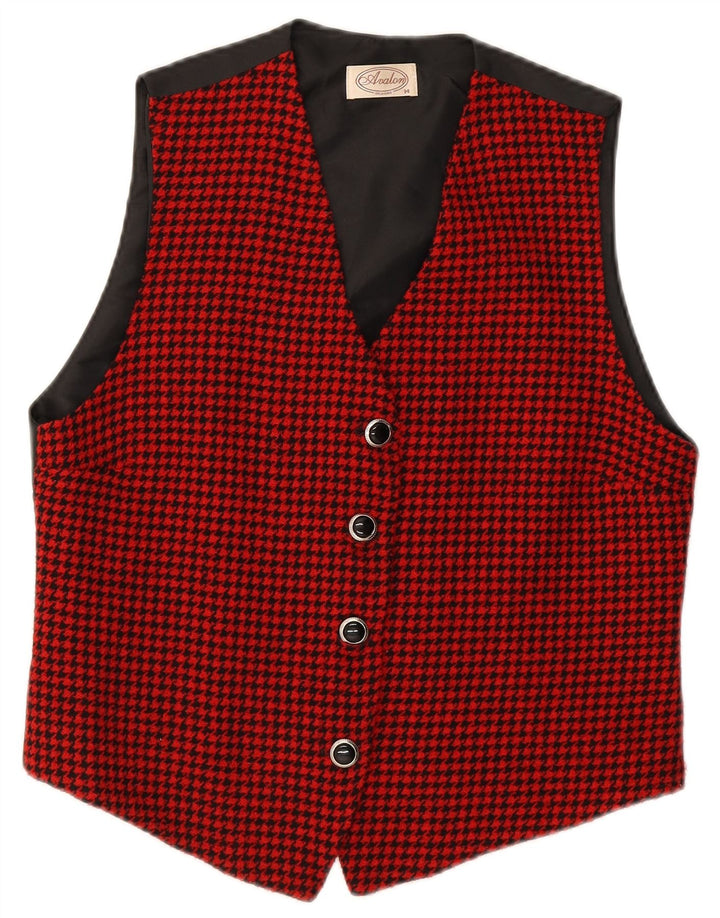 AVALON Womens Waistcoat UK 14 Large  Red Houndstooth Virgin Wool