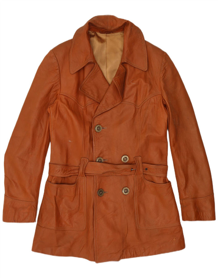 Vintage Womens Double Breasted Leather Coat UK 14 Medium Brown
