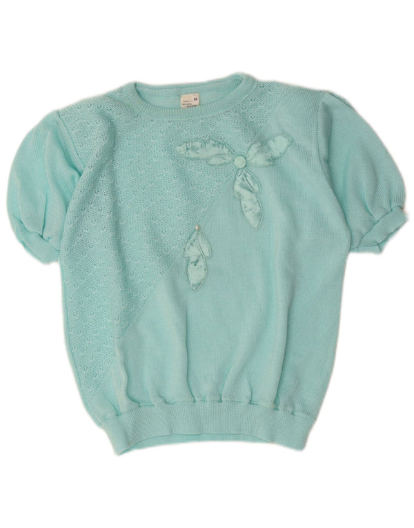 Vintage Kvinders Kortærmet Boat Neck Jumper Sweater UK 14 Medium Blue
