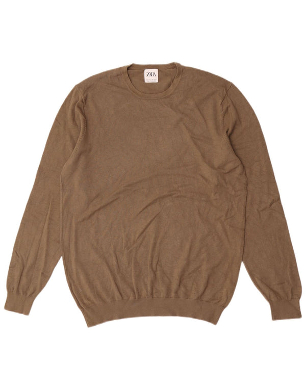 Zara Mens Crew Neck Jumper Sweater Medium Khaki Viscose